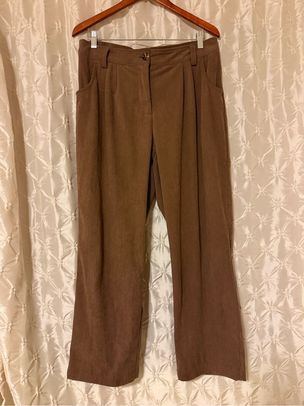 HALARA High Waisted Corduroy Pleated Straight Pants Acorn Brown Relaxed Trousers - Picture 3 of 12